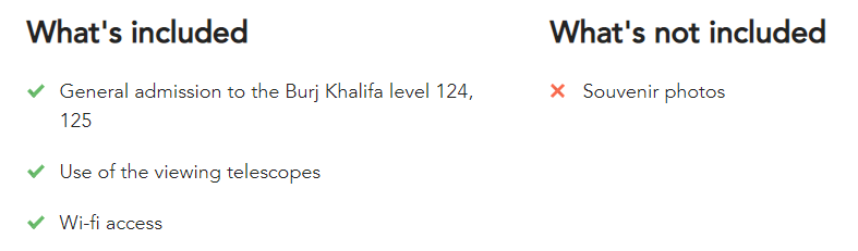 Inclusions and exclusions on musement.com